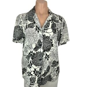 Hot Cotton Linen Blouse White w Black Design Size S Short Sleeve Button Front
